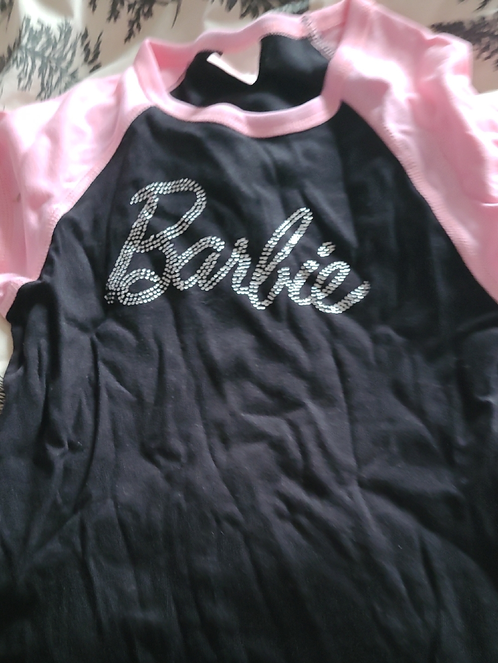 Barbie Black Top with Pink Raglan Sleeves and Rhinestone Logo
